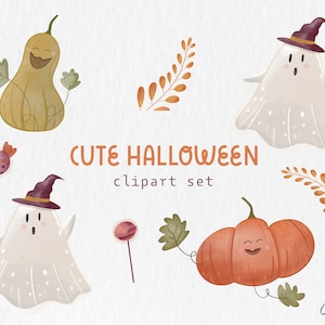 Pode incluir: Uma ilustração em aquarela com uma coleção de cliparts com tema de Halloween. O conjunto inclui abóboras sorrindo, fantasmas usando chapéus de bruxa, doces e folhas decorativas. O texto "CUTE HALLOWEEN clipart set" também está incluído.