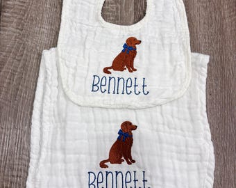 Personalized Golden Retriever Muslin Bib and Burp Cloth Set | Embroidered Baby Gift