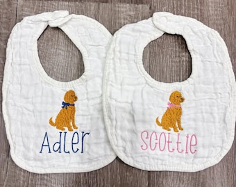 Embroidered Golden Doodle Baby Bib and Burp Cloth | Personalized Muslin Set