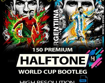 May include: A black graphic design featuring Cristiano Ronaldo and Lionel Messi. The design includes the text "HALFTONE", "WORLD CUP BOOTLEG", and "HIGH RESOLUTION". The image also includes the text "NO BACKGROUND" and "INSTANT DOWNLOAD".