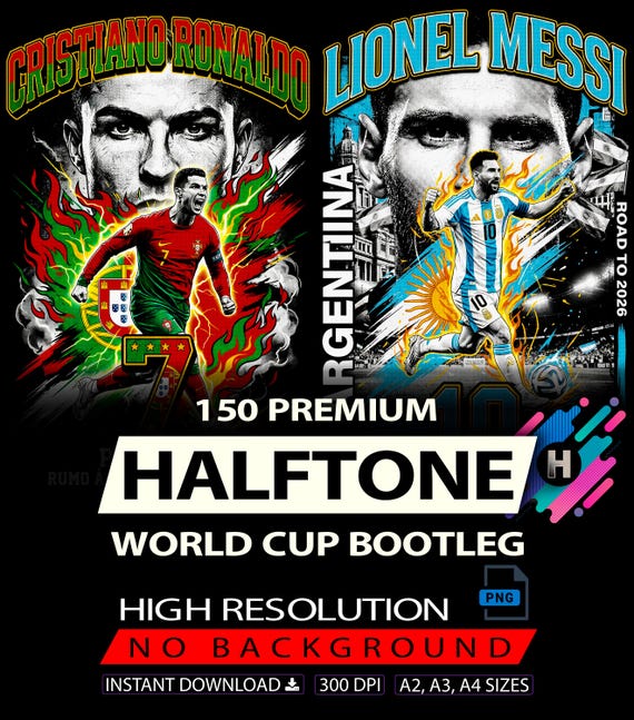 150 Halftone World Cup Designs - Bootleg Style For Black T-Shirt A2, A3 and A4 Sizes High Resolution 300DPI (Original Work)