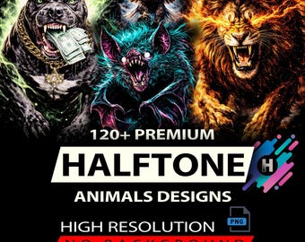 120+ Streetwear Animal Halftone Designs For DTF DTG Printing PNG Format Instant Download (Original Work)