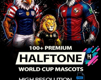 100+ Halftone World Cup Mascots Designs For DTG DTG Printing High Resolution 300DPI For Black T-shirt (Original Work)