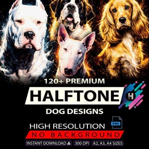 Puede incluir: Ilustración digital de cuatro razas de perros: un Pitbull blanco, un San Bernardo, un Bull Terrier y un Cocker Dorado. La imagen incluye el texto "120+ PREMIUM HALFTONE DOG DESIGNS" y "HIGH RESOLUTION NO BACKGROUND".