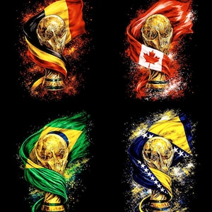 May include: Four images of the FIFA World Cup trophy, each wrapped in a flag. Flags include Belgium, Canada, Brazil, and Bosnia and Herzegovina. The background is black with a fiery, artistic effect.