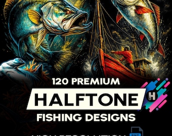 120 Premium Halftone Fishing T-Shirt Design Bundle For DTF DTG Printing Halftone Exclusive Pack (Original Work)