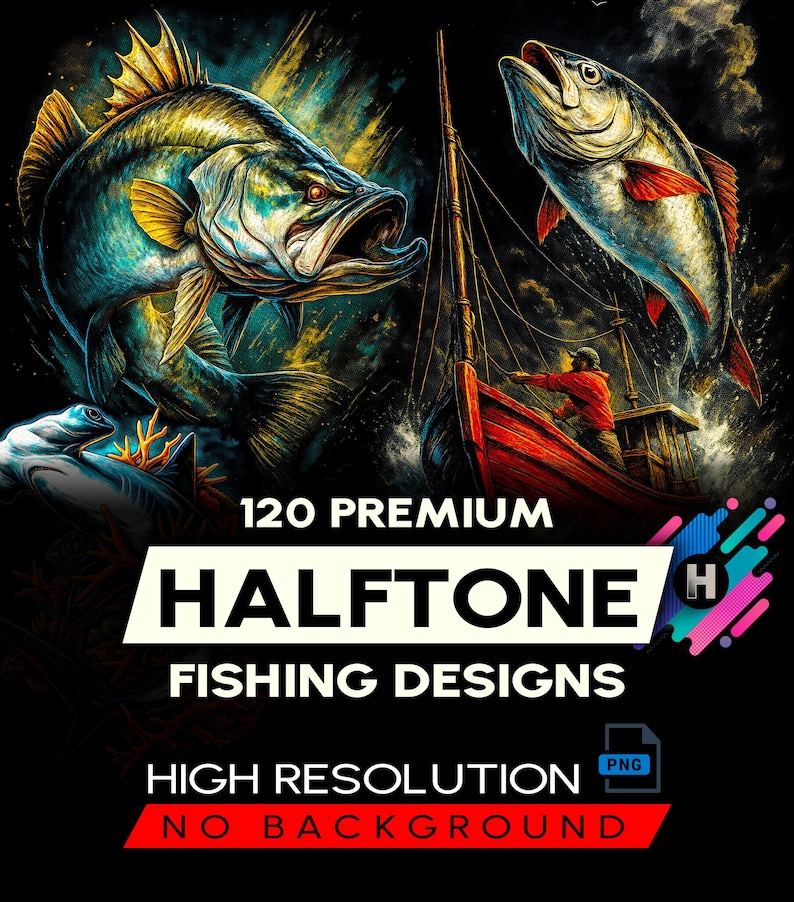 K&ouml;nnte beinhalten: Digitales Kunstwerk mit zwei Fischen, einem roten Fischerboot und einem Fischer. Der Text "120 Premium Halftone Fishing Designs" und "High Resolution PNG No Background" ist enthalten.