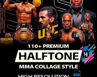 Más de 110 diseños premium de collage estilo MMA con semitonos para impresión DTF/DTG en camisetas negras de alta resolución (obra original).