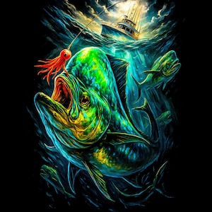 K&ouml;nnte beinhalten: Lebendige Illustration eines Fisches, der aus dem Ozean springt, mit offenem Maul und rotem K&ouml;der. Im Hintergrund ein Fischerboot, dunkles blaues Wasser und ein bew&ouml;lkter Himmel. Der Fisch ist gr&uuml;n und gelb mit blauen Akzenten.