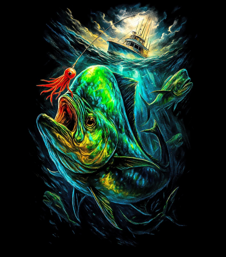 K&ouml;nnte beinhalten: Lebendige Illustration eines Fisches, der aus dem Ozean springt, mit offenem Maul und rotem K&ouml;der. Im Hintergrund ein Fischerboot, dunkles blaues Wasser und ein bew&ouml;lkter Himmel. Der Fisch ist gr&uuml;n und gelb mit blauen Akzenten.