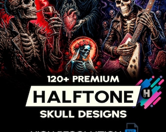 120+ Premium Halftone Skull Deigns Bundle For DTF DTG Printing Halftone T-shirt Design Pack Easy To Use (Original Work)