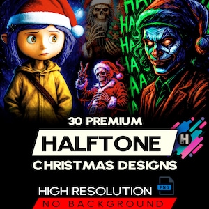 以下が含まれることがあります： クリスマスをテーマにしたデジタルアート。コラライン風のキャラクター、サンタ帽をかぶった骸骨、ジョーカー風の人物が登場します。「30 PREMIUM HALFTONE CHRISTMAS DESIGNS」と「HIGH RESOLUTION NO BACKGROUND」の文字が含まれています。