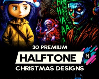 30 Premium Christmas Halftone Design For DTF DTG T-shirt Design Halftone Bundle PNG (Original Work)