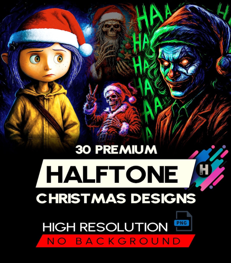以下が含まれることがあります： クリスマスをテーマにしたデジタルアート。コラライン風のキャラクター、サンタ帽をかぶった骸骨、ジョーカー風の人物が登場します。「30 PREMIUM HALFTONE CHRISTMAS DESIGNS」と「HIGH RESOLUTION NO BACKGROUND」の文字が含まれています。