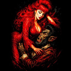 Pu&ograve; includere: Illustrazione di una donna in abito rosso e un lupo mannaro. La donna ha lunghi capelli rossi e si china sul lupo mannaro. Il lupo mannaro ringhia con le zanne scoperte. Lo sfondo &egrave; nero.