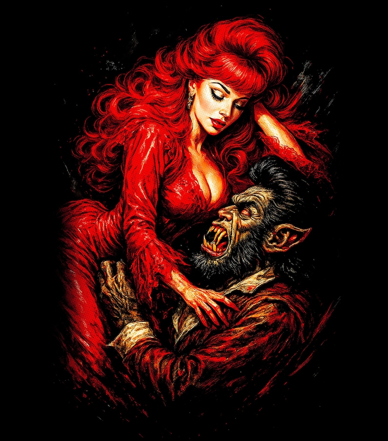 Pu&ograve; includere: Illustrazione di una donna in abito rosso e un lupo mannaro. La donna ha lunghi capelli rossi e si china sul lupo mannaro. Il lupo mannaro ringhia con le zanne scoperte. Lo sfondo &egrave; nero.