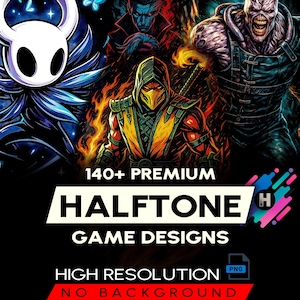 Op de afbeelding: Digitale illustratie met gamekarakters, waaronder een ridder, een vampier, een ninja en een monster. De afbeelding bevat de tekst "140+ PREMIUM HALFTONE GAME DESIGNS HIGH RESOLUTION NO BACKGROUND".