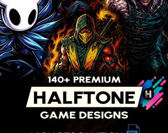 May include: Digital art featuring various game characters, including a knight-like figure, a vampire, a ninja, and a monstrous figure. The image includes the text "140+ PREMIUM HALFTONE GAME DESIGNS HIGH RESOLUTION NO BACKGROUND".