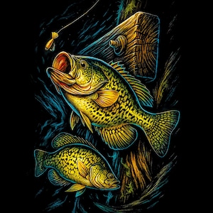 K&ouml;nnte beinhalten: Illustration von zwei gelb-schwarz gefleckten Fischen mit offenem Maul, einer in der N&auml;he eines Holzpfostens mit einer Angelk&ouml;der dar&uuml;ber. Das Kunstwerk hat einen dunklen Hintergrund mit blauen und orangen Akzenten, der eine Angelszene darstellt.