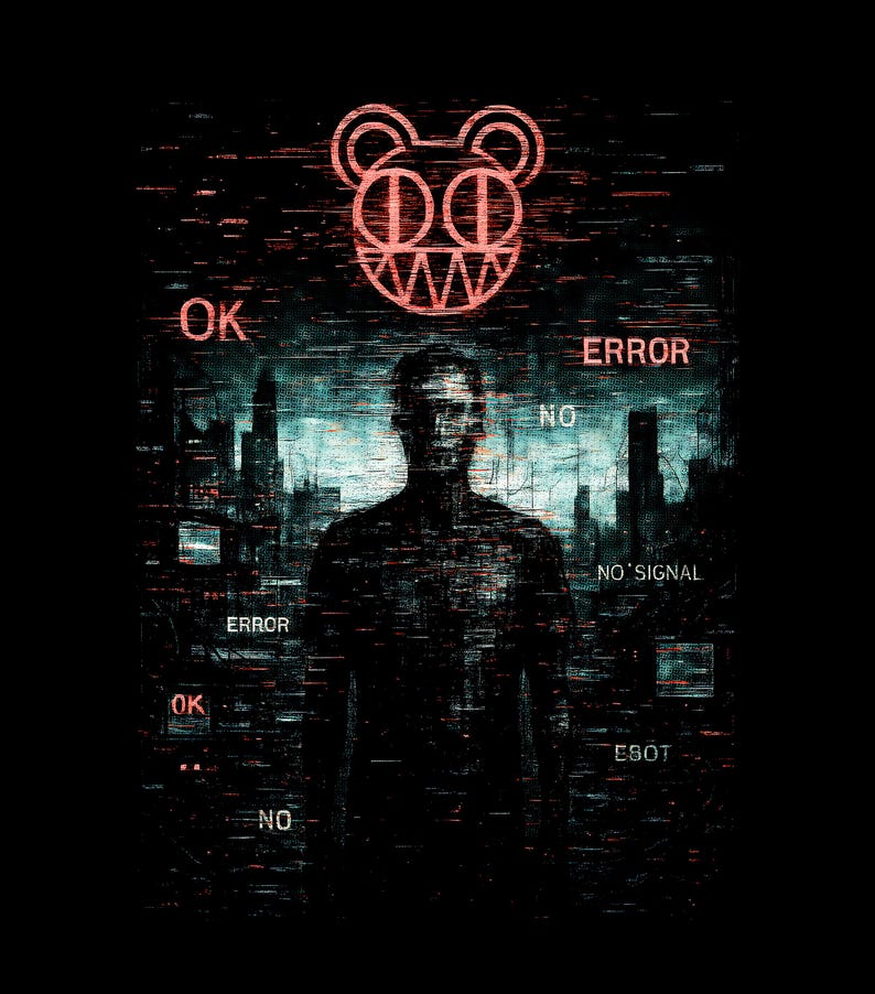 May include: Dark graphic art with a silhouetted figure and a red bear-like symbol. The image has a glitch effect with the words "OK", "ERROR", "NO SIGNAL", and "ESOT" in red. A cityscape is visible in the background.