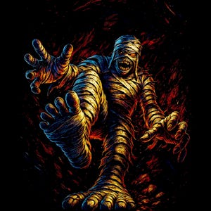Pu&ograve; includere: Illustrazione di una minacciosa mummia con occhi rossi incandescenti, avvolta in bende. Le braccia e le gambe della mummia sono tese, con una resa dettagliata della sua forma in decomposizione. Lo sfondo &egrave; un mix infuocato di rosso e arancione su sfondo nero.