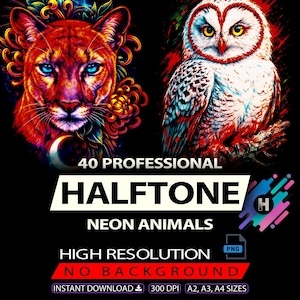 May include: Digital art featuring a neon cougar and owl. The cougar is red and purple with blue eyes, and the owl is white and red. Text reads "40 PROFESSIONAL HALFTONE NEON ANIMALS HIGH RESOLUTION NO BACKGROUND".