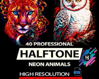 40 Premium Neon Animals Halftone Designs For DTG DTG High Resolution (Original Work)