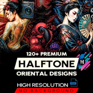 120+ Exclusive Halftone Oriental Designs Bundle For DTF DTG Printing Halftone T-Shirt Design Pack Oriental Shirt Design (Original Work)