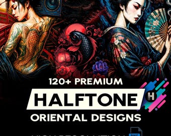 120+ Exclusive Halftone Oriental Designs Bundle For DTF DTG Printing Halftone T-Shirt Design Pack Oriental Shirt Design (Original Work)