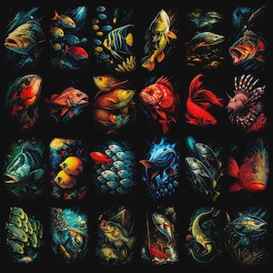 K&ouml;nnte beinhalten: Eine Sammlung farbenfroher Fischillustrationen auf schwarzem Hintergrund. Die Kunstwerke zeigen verschiedene Arten, darunter leuchtend gelbe, rote und blaue Fische, mit detaillierten Schuppen und Flossen. Das Gesamtthema ist das Meeresleben.