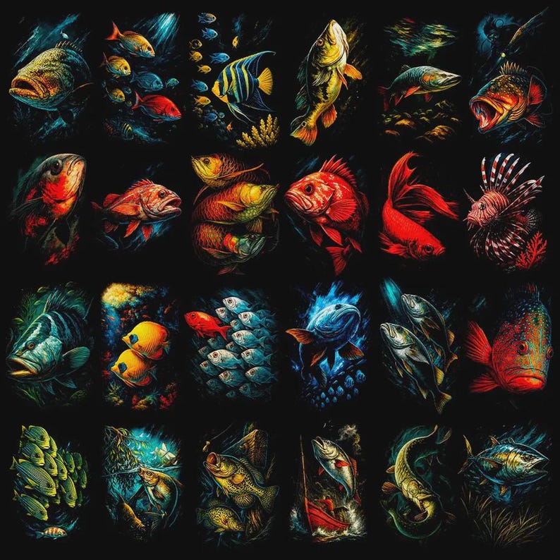 K&ouml;nnte beinhalten: Eine Sammlung farbenfroher Fischillustrationen auf schwarzem Hintergrund. Die Kunstwerke zeigen verschiedene Arten, darunter leuchtend gelbe, rote und blaue Fische, mit detaillierten Schuppen und Flossen. Das Gesamtthema ist das Meeresleben.