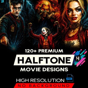 DTF/DTGハーフトーン印刷用プレミアムハーフトーン映画デザイン120点、ハーフトーンTシャツデザインバンドル（オリジナル作品）