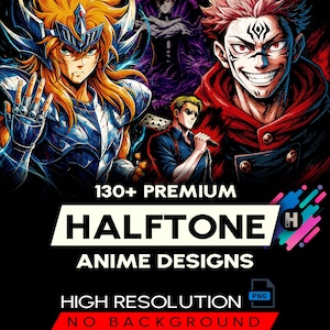 130+ Exclusive Halftone Anime Design Bundle PNG For DTF DTG Printing Halftone T-shirt Design Pack A2, A3, A4 Sizes