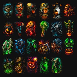 Pacchetto di oltre 140 disegni horror a mezzatinta per DTF DTG, design a mezzatinta per magliette di Halloween, formati A2, A3, A4 (opere originali) immagine 14