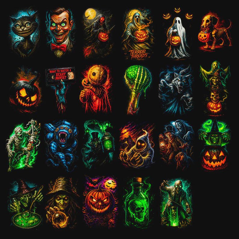 Pacchetto di oltre 140 disegni horror a mezzatinta per DTF DTG, design a mezzatinta per magliette di Halloween, formati A2, A3, A4 (opere originali) immagine 14