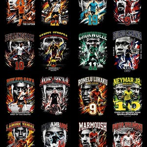 May include: A collection of soccer-themed graphic designs on a black background. Each design features a player's portrait, name, and jersey number, with dynamic flame and color accents. The designs include text such as "World Cup 2026 Qualified."