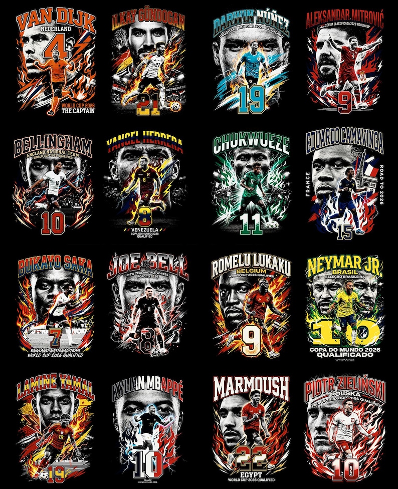 May include: A collection of soccer-themed graphic designs on a black background. Each design features a player's portrait, name, and jersey number, with dynamic flame and color accents. The designs include text such as "World Cup 2026 Qualified."