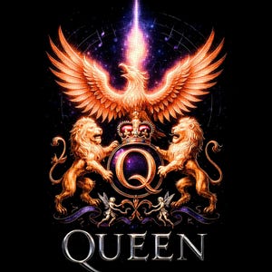 May include: A detailed graphic design with a phoenix and two lions, a crown, and the letter 'Q'. The word 'QUEEN' is written below in a decorative font. The design is set against a black backdrop.