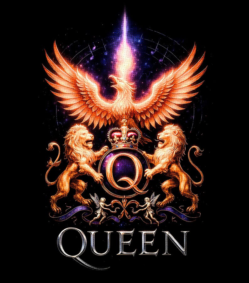 May include: A detailed graphic design with a phoenix and two lions, a crown, and the letter 'Q'. The word 'QUEEN' is written below in a decorative font. The design is set against a black backdrop.