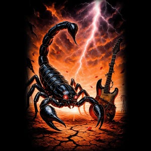 May include: Digital artwork featuring a black scorpion with red eyes, set against an orange sky with lightning. A guitar with barbed wire is to the right, suggesting a rock music theme.