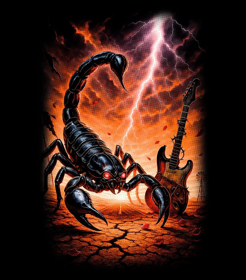 May include: Digital artwork featuring a black scorpion with red eyes, set against an orange sky with lightning. A guitar with barbed wire is to the right, suggesting a rock music theme.