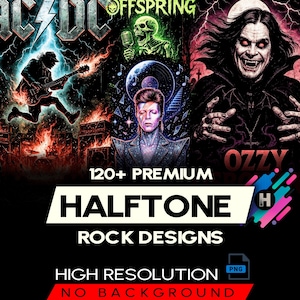 Op de afbeelding: Een promotionele afbeelding met illustraties van rockbands, waaronder AC/DC, The Offspring en Ozzy Osbourne. Het ontwerp bevat de tekst "120+ Premium Halftone Rock Designs", "High Resolution" en "No Background".
