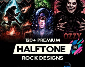 120+ Premium Halftone Rock Designs For DTF DTG Printing Halftone T-Shirt Design Bundle World Rock Bands (Original Work)