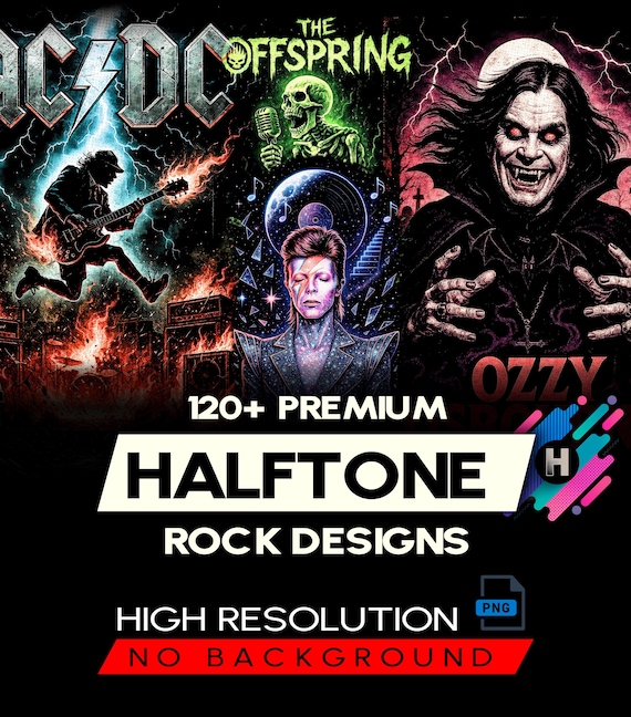 120+ Premium Halftone Rock Designs For DTF DTG Printing Halftone T-Shirt Design Bundle World Rock Bands (Original Work)