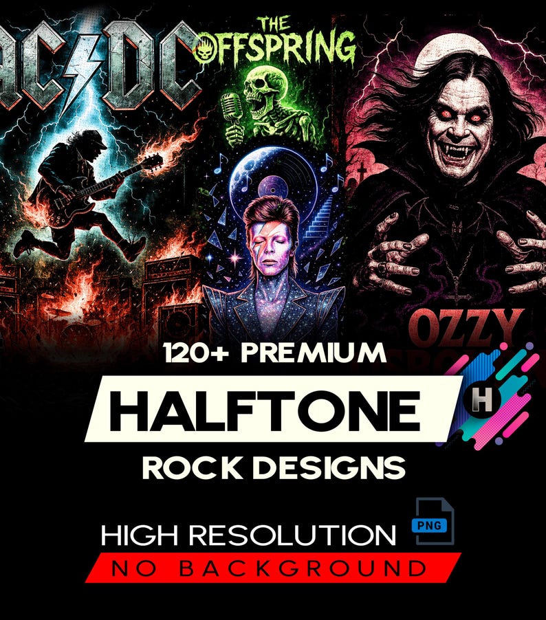 120+ Premium Halftone Rock Designs For DTF DTG Printing Halftone T-Shirt Design Bundle World Rock Bands (Original Work) image 1