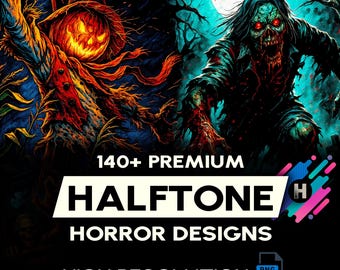 Paquete de más de 140 diseños de terror en semitonos para impresión DTF y DTG. Paquete de diseños de camisetas de Halloween en semitonos en tamaños A2, A3 y A4 (trabajo original).