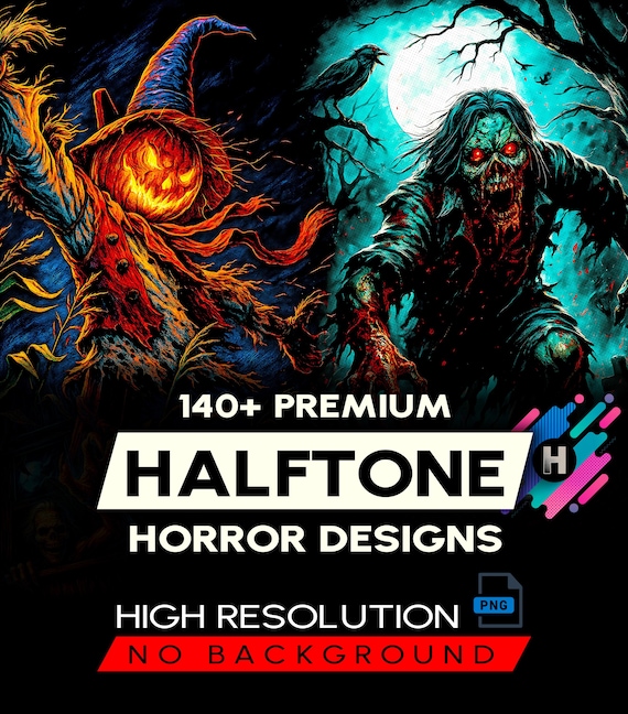 140+ Halftone Horror Designs Bundle For DTF DTG Halftone Halloween T-Shirt Designs Pack A2, A3, A4 Sizes (Original Work)