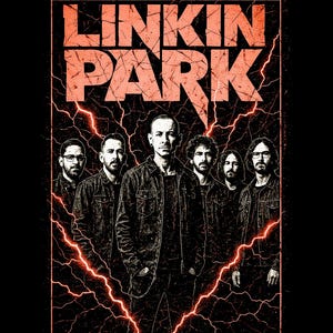 May include: A black graphic featuring the band Linkin Park, with the band's name in a distressed orange font at the top. The band members are in the centre, with a red lightning bolt design around them.