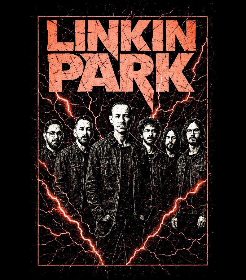 May include: A black graphic featuring the band Linkin Park, with the band's name in a distressed orange font at the top. The band members are in the centre, with a red lightning bolt design around them.