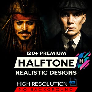 Peut inclure: Illustration numérique de deux hommes, l'un en costume de pirate et l'autre en costume, avec le texte : "120+ Premium Halftone Realistic Designs, Haute Résolution, Sans Arrière-plan."